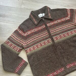 VTG Fashion Bug Cotton Blend Zip Cardigan Sweater Nordic Fair Isle Brown Red L
